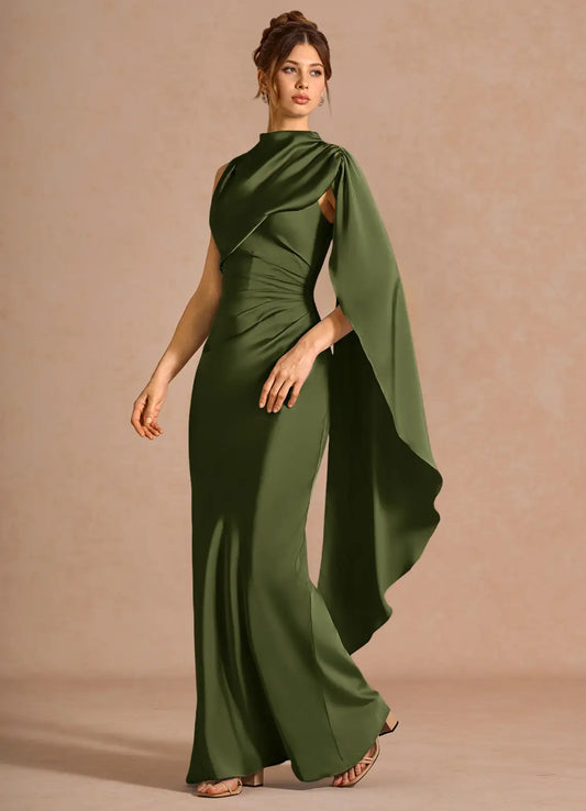 Mermaid High Neck Satin Draped Floor-Length Wedding Dress - Yihuiw by Yihuiw