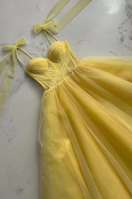 Yellow Tulle Long A-Line Evening Dress Cute Spaghetti Strap Prom Dress simple gentle atmospheric and unique desi Bring summer colors to enhance whitenes by YiHuiw