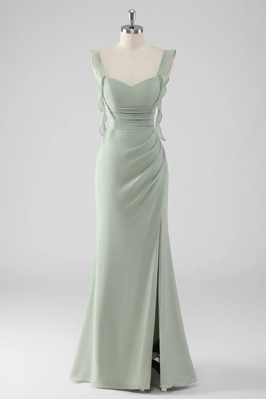 Sage Green Ruffled Sweetheart Neck Evening Gown Sage Green Ruffled Sheath Lace-Up Back Long Bridesmaid Dress with Slit Evening Dress by YiHuiw