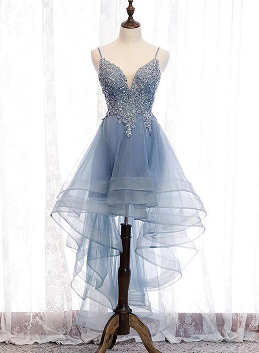 Blue High Low Tulle V-neckline Straps Party Dress with Lace, Cute Homecoming Dress by YiHuiw