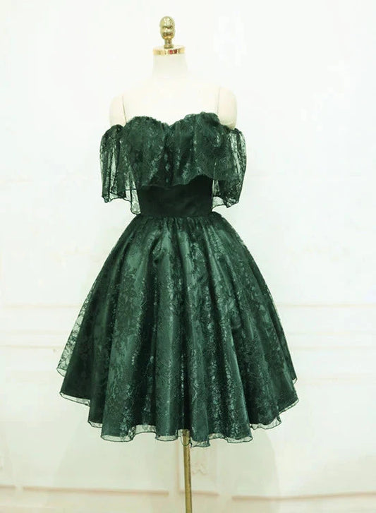 Beautiful Dark Green Lace Off Shoulder Short Party Dress, Lace Homecoming Dress by YiHuiw