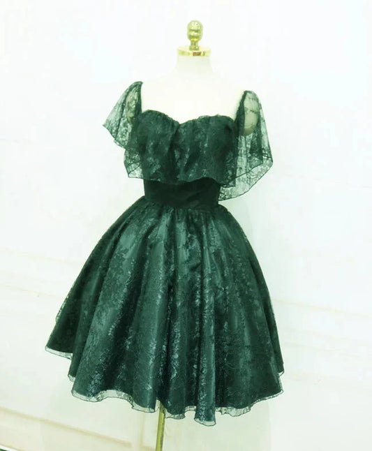 Beautiful Dark Green Lace Off Shoulder Short Party Dress, Lace Homecoming Dress by YiHuiw