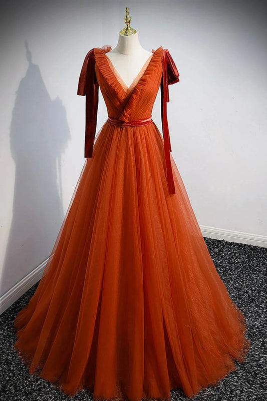 A-Line Tulle Long Prom Dress Orange V-Neck Long Simple Evening Dress simple gentle atmospheric and unique desi Bring summer colors to enhance whitenes by YiHuiw