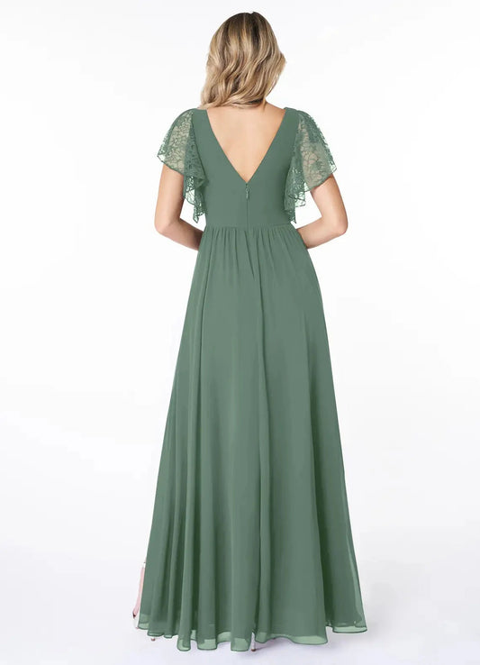 Sage Green Lace Flutter Sleeve Maxi Dress with Side Slit A-Line Lace Chiffon Dress Bridesmaid Dresses by YiHuiw