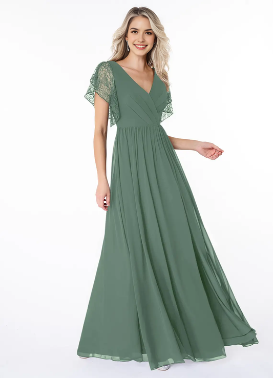 Sage Green Lace Flutter Sleeve Maxi Dress with Side Slit A-Line Lace Chiffon Dress Bridesmaid Dresses by YiHuiw