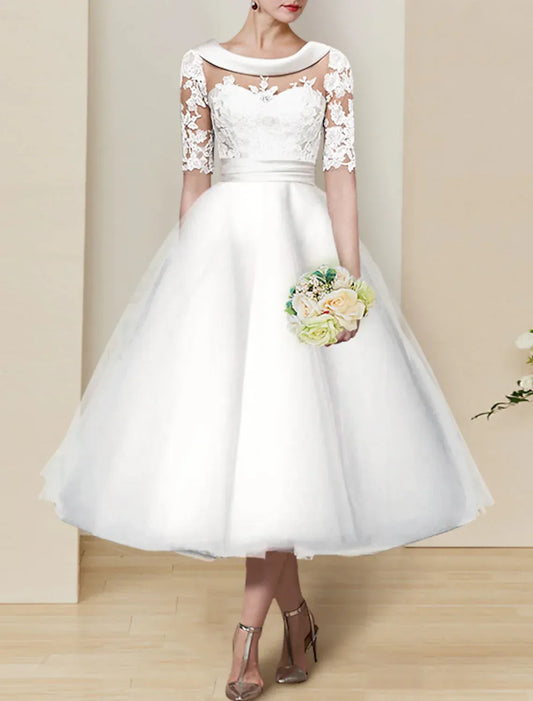 Illusion Tulle Three-Quarter Sleeve Midi Wedding Dress - Yihuiw by Yihuiw