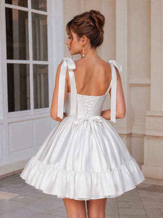Pretty A line White Satin Formal Homecoming Dresses Short 21st Birthday Outfits Graduation Dress Mini Cocktail Dresses by YiHuiw