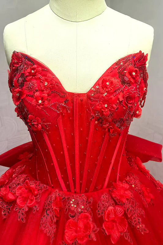 Red Ball Gown Prom Dress with Beaded Corset Bodice and Floral Appliques
