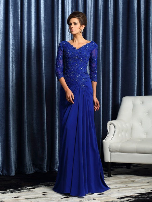 A-Line/Princess V-neck Applique 3/4 Sleeves Long Chiffon Mother of the Bride Dresses by YiHuiw