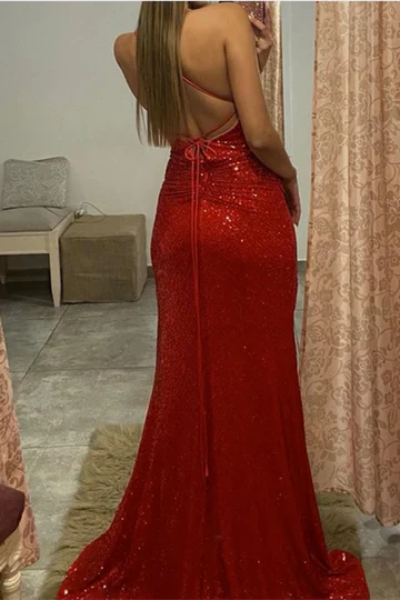 Red Sequin Mermaid Prom Dress with Spaghetti Straps and High Slit