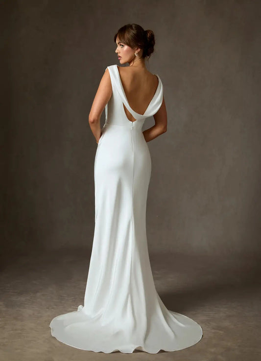 Elegant Satin Wedding Dress with Ruched Bodice Mermaid Silhouette Dramatic Cowl Back by YiHuiw