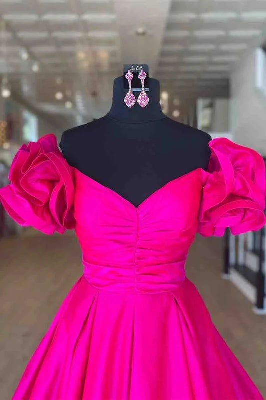 A-Line Ruffle Shoulder Fuchsia Satin Long Formal Dress Yellow Satin Evening Dresses simple gentle atmospheric and unique desi Bring summer colors to enhance whiteness by YiHuiw