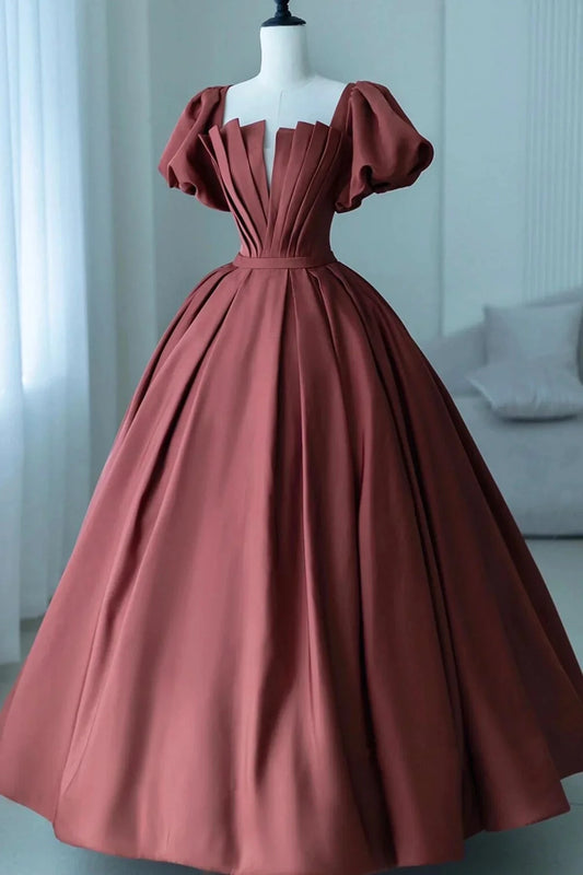 A-Line Satin Long Prom Dress Elegant Short Sleeve Evening Party Dress simple gentle atmospheric and unique desi Brin by YiHuiw