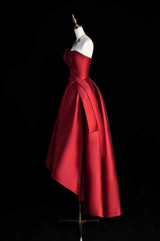 A-Line Satin Short Prom Dress Burgundy Strapless High Low Party Dress simple gentle atmospheric and unique desi Bring summer by YiHuiw