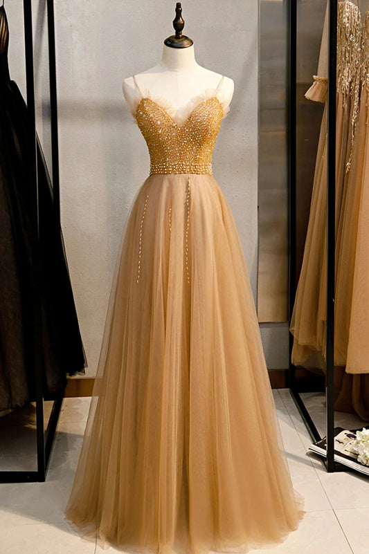 A-Line Spaghetti Straps Tulle Beaded Long Prom Dress Evening Party Dress simple gentle atmospheric and unique desi Bring summer colors to enhance whitenes by YiHuiw
