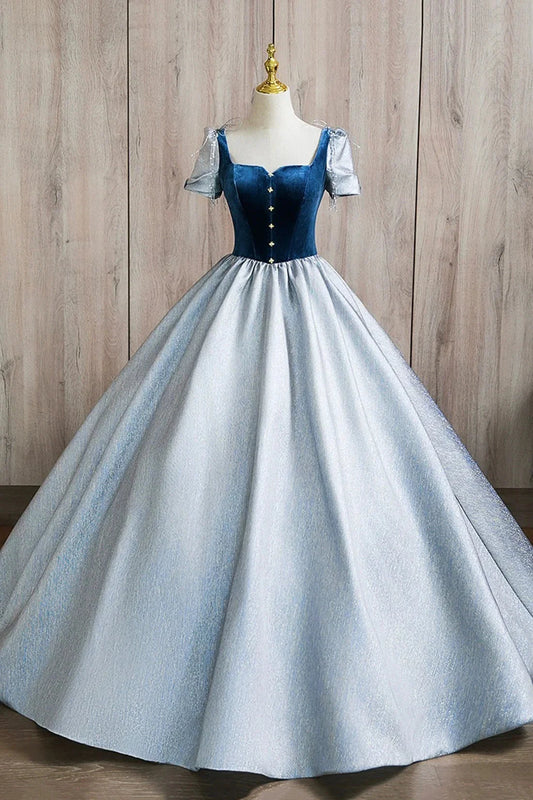 A-Line Square Neckline Floor Length Prom Dress Blue Short Sleeve Evening Party Dress simple gentle atmospheric and unique desi Bring summer by YiHuiw