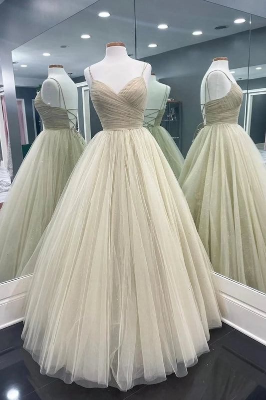 A-Line Tulle Floor Length Prom Dress Spaghetti Strap Evening Party Dress simple gentle atmospheric and unique desi Bring summer colors to enhance whitenes by YiHuiw