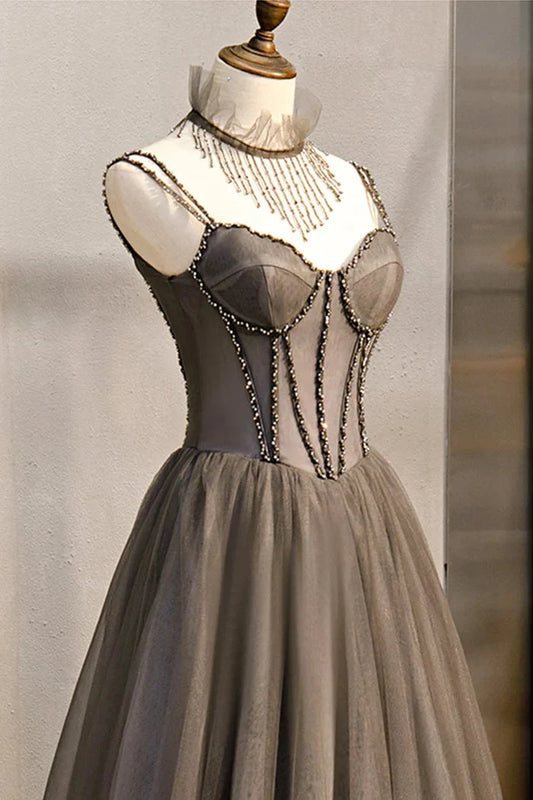 A-Line Tulle Long Prom Dress with Beading, Cute Evening Party Dress by LANQI DRESS