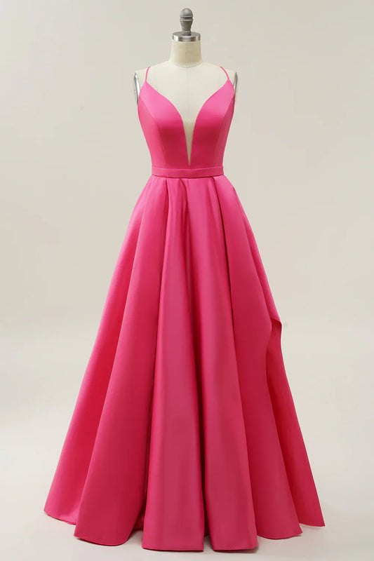 Hot Pink A-Line Prom Dress with Deep V-Neck and Spaghetti Straps – Elegant Formal Evening Gown