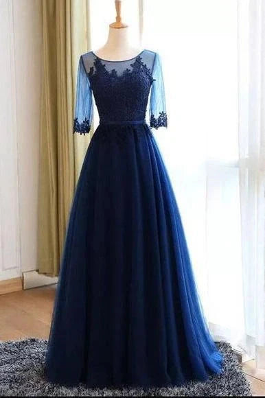 A-line Scoop Neck Dark Blue Long Prom Dresses With Sleeves simple gentle atmospheric and unique desi Bring summer colors to enhance whiteness by YiHuiw