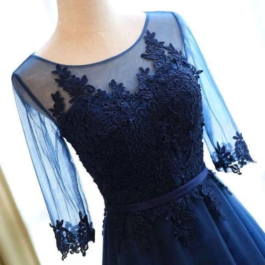 A-line Scoop Neck Dark Blue Long Prom Dresses With Sleeves simple gentle atmospheric and unique desi Bring summer colors to enhance whiteness by YiHuiw