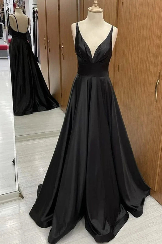 A Line V Neck Backless Black Long Prom Dresses V Neck Black Formal Dresses Backless Black Evening Dresses simple gentle atmospheric and unique desi Bring summer colors to enhance whiteness by YiHuiw