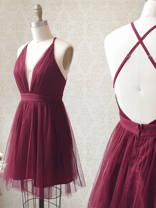 A Line V Neck Short Burgundy Backless Prom Dresses Short Burgundy Backless Formal Homecoming Dresses simple gentle atmospheric and unique desi Bring summer colors to enhance whiteness by YiHuiw