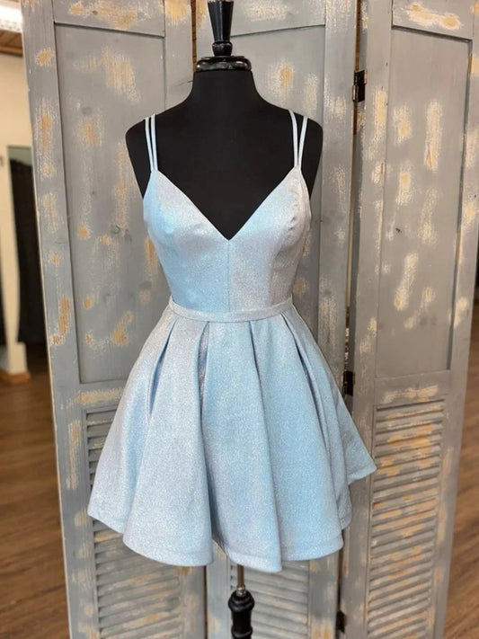 A Line V Neck Short Light Blue Prom Dresses, Short V Neck Light Blue Formal Homecoming Dresses simple gentle atmospheric and unique desi Bring summer colors to enhance whiteness by YiHuiw