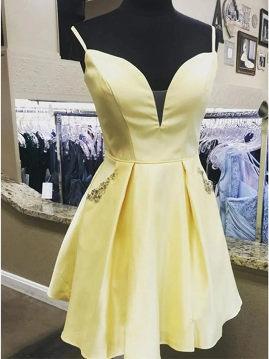 A Line V Neck Short Yellow Burgundy Prom Dresses, Yellow Burgundy Short Graduation Homecoming Dresses simple gentle atmospheric and unique desi Bring summer colors to enhance whiteness by YiHuiw