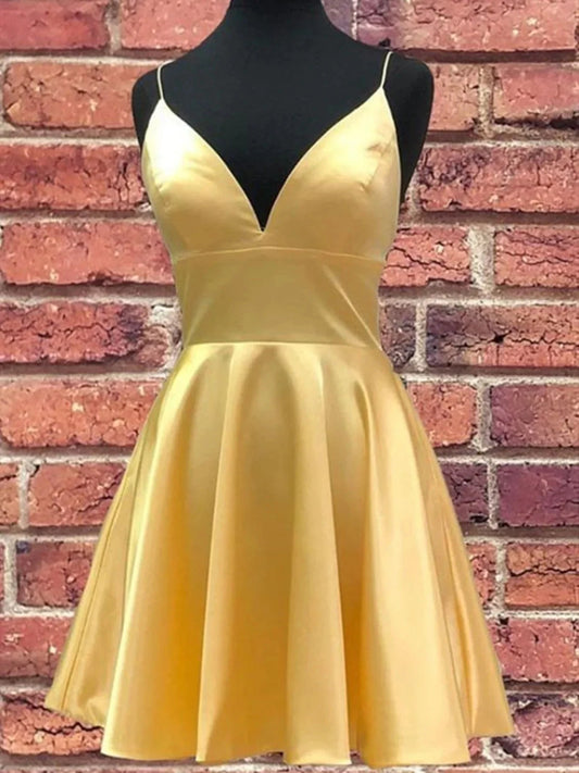 A Line V Neck Short Yellow Prom Dresses, Short V Neck Yellow Formal Homecoming Dresses simple gentle atmospheric and unique desi Bring summer colors to enhance whiteness by YiHuiw