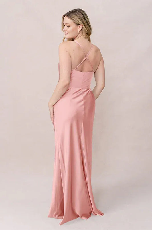 Spaghetti Strap Satin Button Back High Slit Wedding Dress - Yihuiw by Yihuiw
