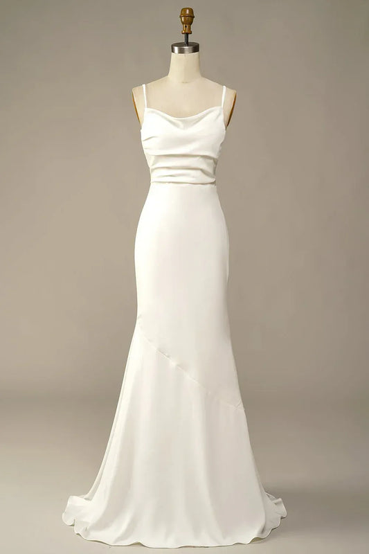 Mermaid Spaghetti Strap Satin Open Back Train Wedding Dress - Yihuiw by Yihuiw