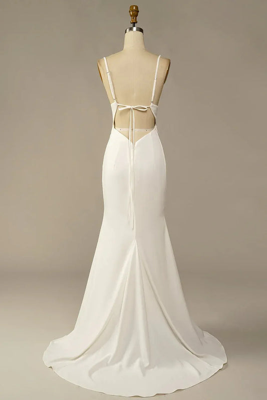 Mermaid Spaghetti Strap Satin Open Back Train Wedding Dress - Yihuiw by Yihuiw
