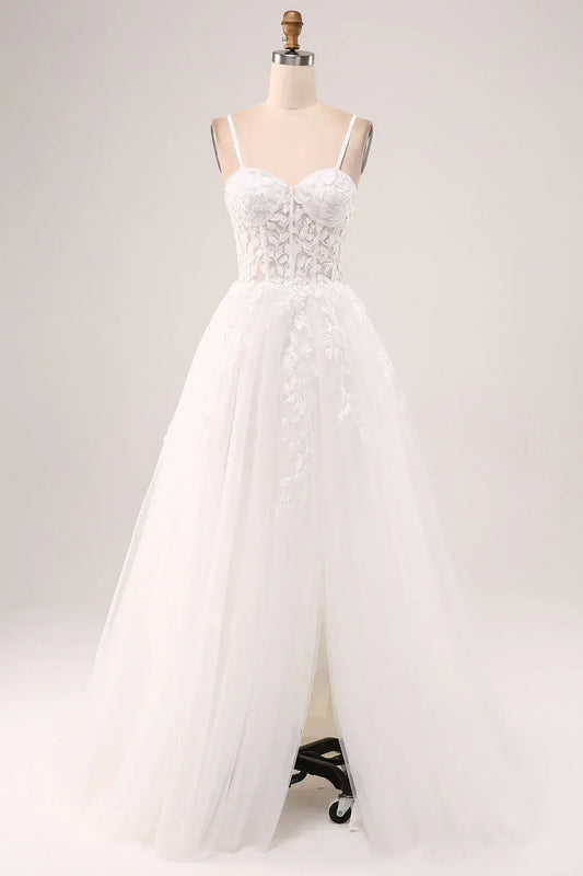 A-Line Sweetheart Tulle High Slit Wedding Dress - Yihuiw by Yihuiw