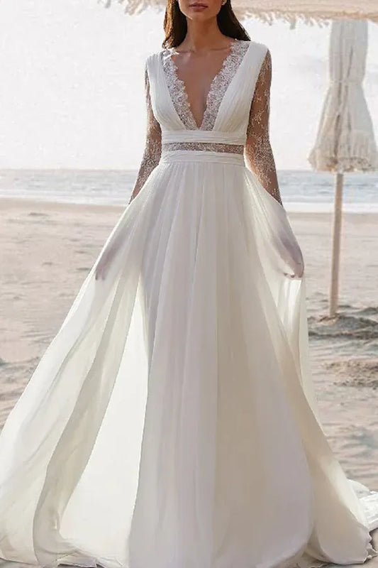 A-Line V-Neck Floor-Length Wedding Dress - Yihuiw by Yihuiw