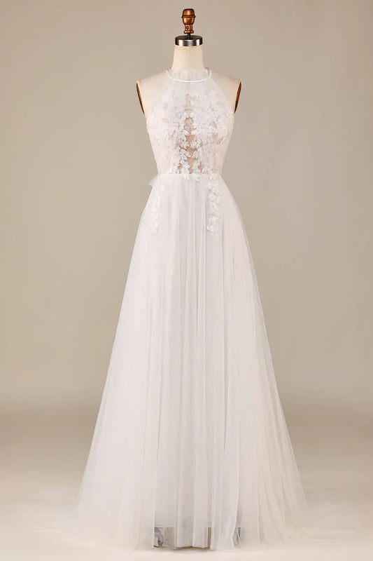 A-Line Halter Lace Ruffled Wedding Dress - Yihuiw by Yihuiw