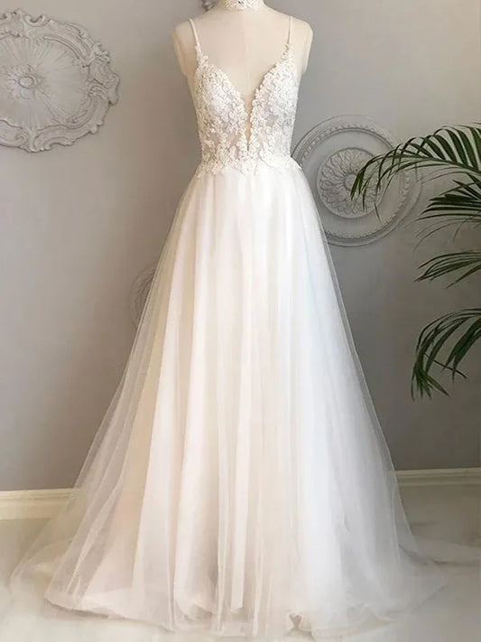 A-Line Spaghetti Strap Tulle Open Back Train Wedding Dress - Yihuiw by Yihuiw