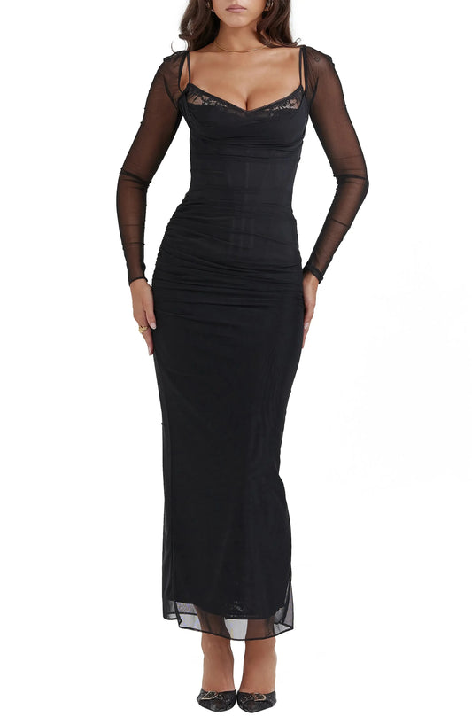 Alluring Ruched Sheath Sweetheart Mesh Long Sleeve Open Back Midi Length Female Prom Dress by YiHuiw