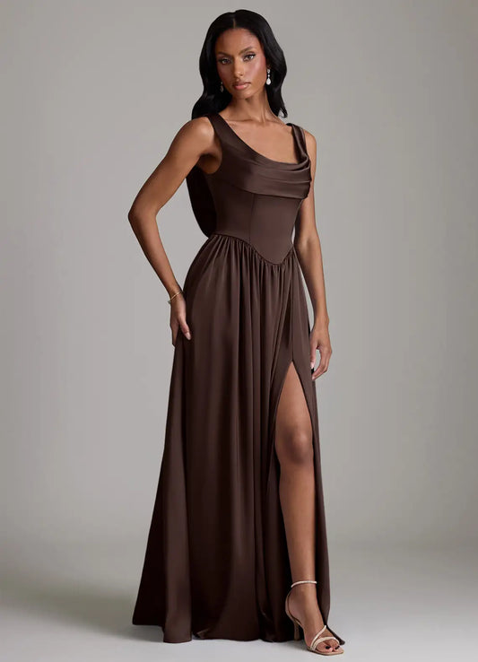 Cowl Neck Lace-Up Back High Slit Floor-Length Wedding Dress - Yihuiw by Yihuiw