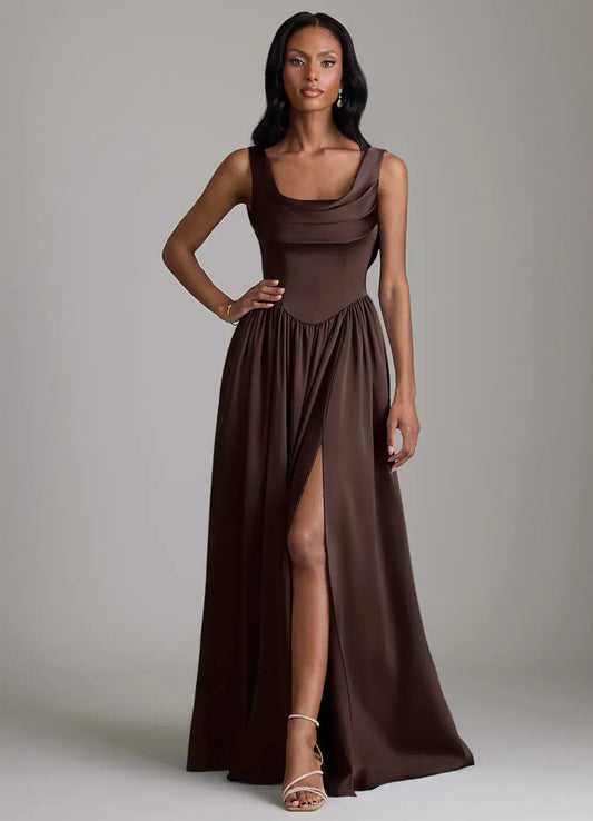 Cowl Neck Lace-Up Back High Slit Floor-Length Wedding Dress - Yihuiw by Yihuiw