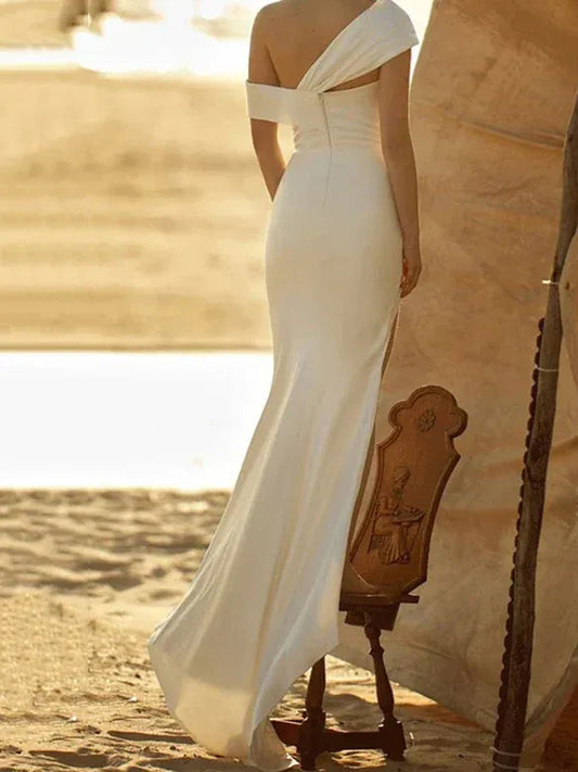 Mermaid Off-Shoulder Satin High Slit Wedding Dress - Yihuiw by Yihuiw
