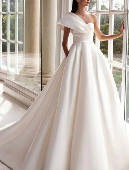 Ball Gown One-Shoulder Satin Asymmetric Wedding Gown - Yihuiw by Yihuiw