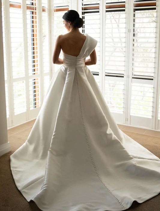 Ball Gown One-Shoulder Satin Asymmetric Wedding Gown - Yihuiw by Yihuiw