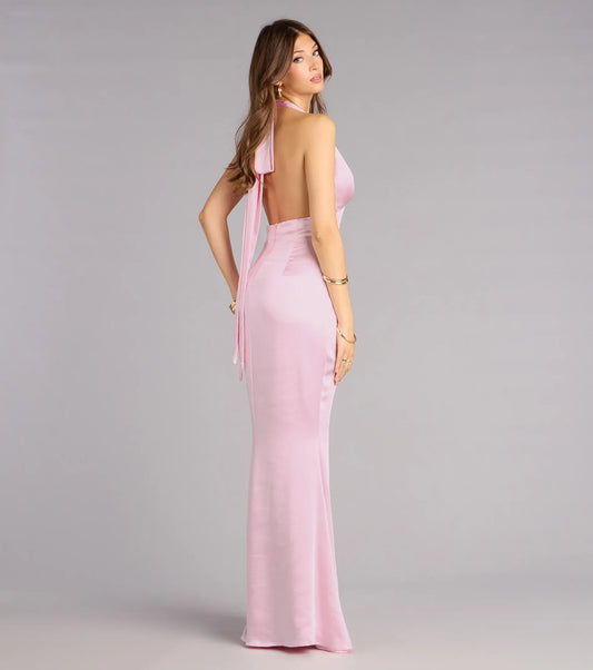 Pink Mermaid Halter Satin Floor-Length Wedding Dress - Yihuiw by Yihuiw