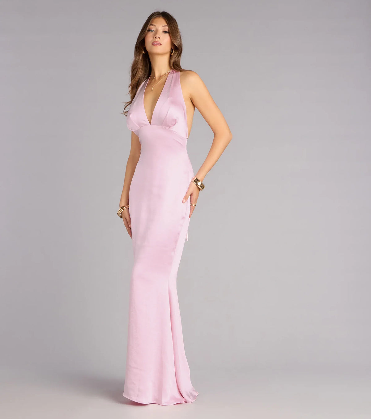 Pink Mermaid Halter Satin Floor-Length Wedding Dress - Yihuiw by Yihuiw