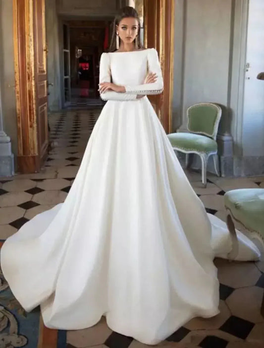 Ball Gown Satin Long Sleeve Open Back Train Tea-Length Wedding Gown - Yihuiw by Yihuiw