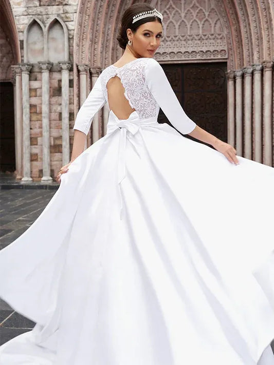 Ball Gown Satin Tea-Length Wedding Gown - Yihuiw by Yihuiw