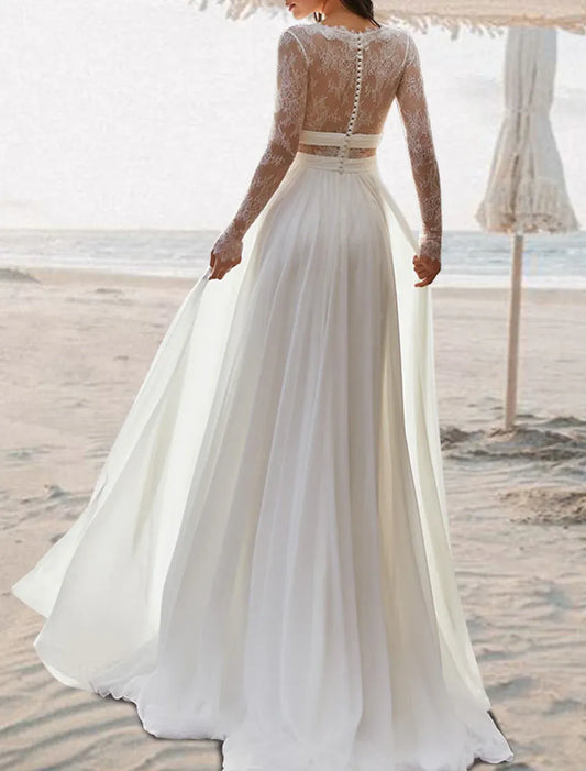 A-Line Chiffon Button Back Cutout Wedding Dress - Yihuiw by Yihuiw