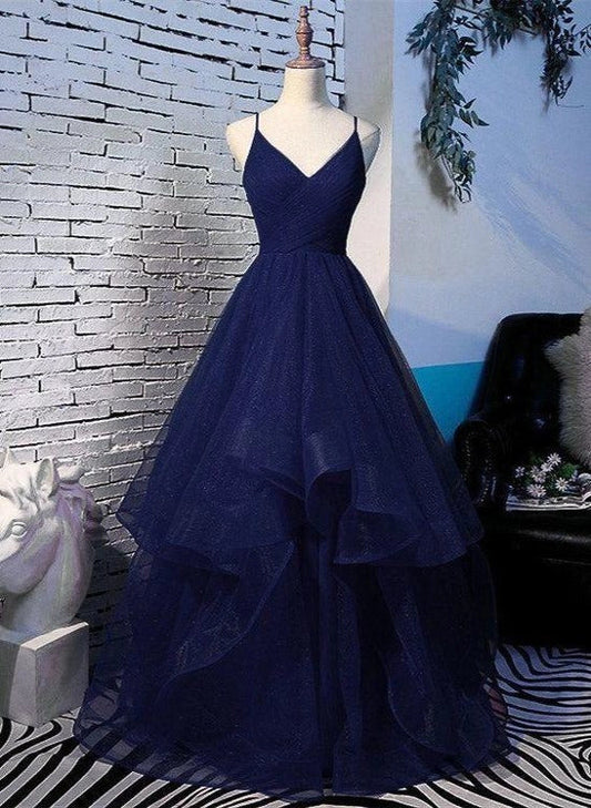 Beautiful Navy Blue Tulle Straps Long Party Dress Princess Formal Gown simple gentle atmospheric and unique desi Bring summer colors to enhance whiteness by YiHuiw