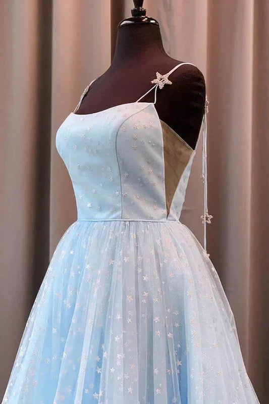 Beautiful Sky Blue Tulle Star A-line Long Prom Dress Formal Dresses maxi dresses simple gentle atmospheric and unique desi Bring summer colors to enhance whiteness by YiHuiw